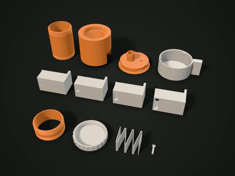 Render 3D con todas las piezas del dosificador separadas