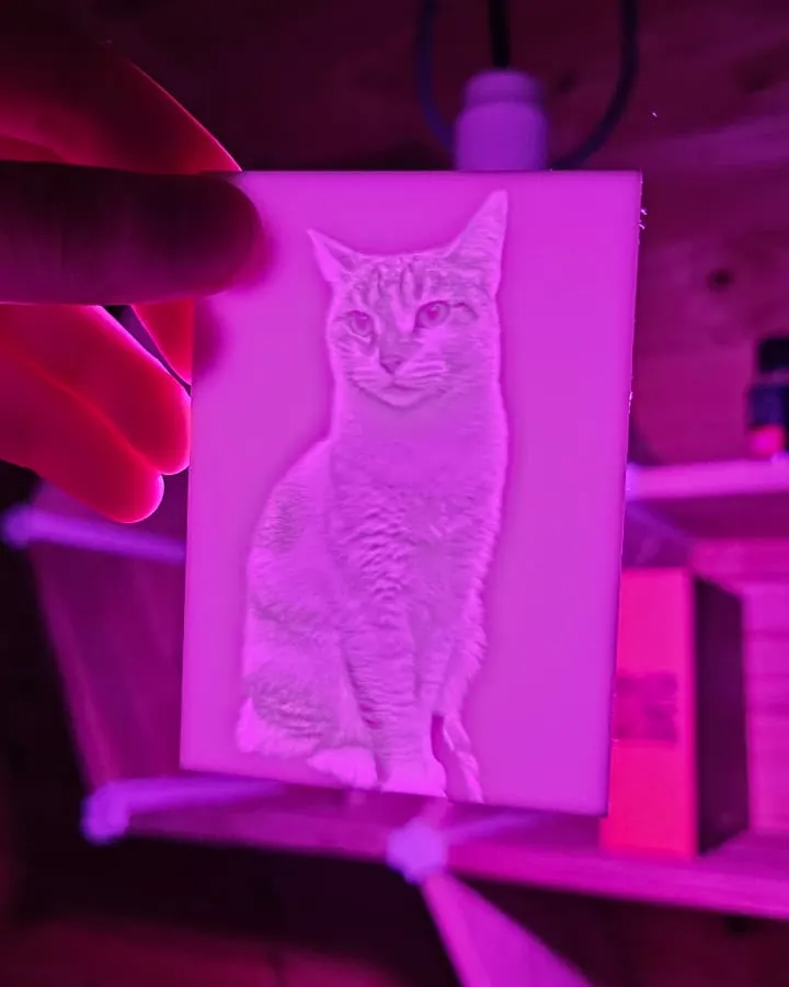 Litofanía impresa en 3D con la foto de un gato, iluminada desde atrás